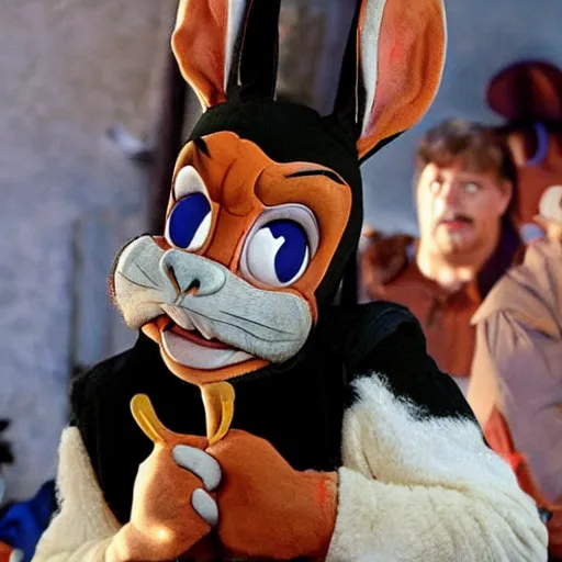 Image similar to Danny Trejo as Bugs Bunny from Looney Tunes, live action movie, set photo in costume, cosplay, photograph