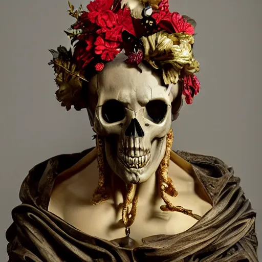 Prompt: a man in the form of a Greek sculpture with a mask in the form of a skull and wreath of flowers, skulls in hands, dressed in a biomechanical dress of a demon by Roberto Ferri, stands in the pose of a super hero on a golden stone, silk, fabric, birds, flowers. red plastic. baroque elements, human skull. full-length view. baroque element. intricate artwork by caravaggio. birds on background. Trending on artstation. halo. octane render, cinematic, hyper realism, octane render, 8k, depth of field, bokeh. iridescent accents. vibrant. teal and gold and red colour scheme
