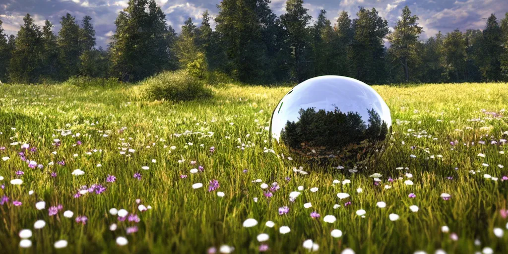 Prompt: chrome blob hovering over a meadow daylight flowers wildlife photorealistic wonderful render unreal ultrawide