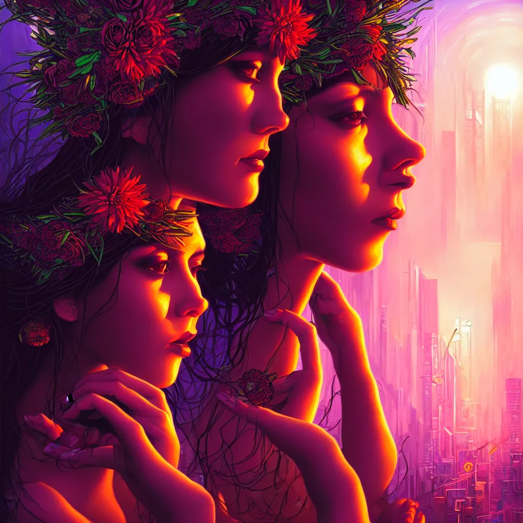 Prompt: a beautiful closeup portrait painting of the flower queen in a sensual pose, in the style dan mumford artwork, in the background a futuristic cyberpunk city with lit windows is seen.