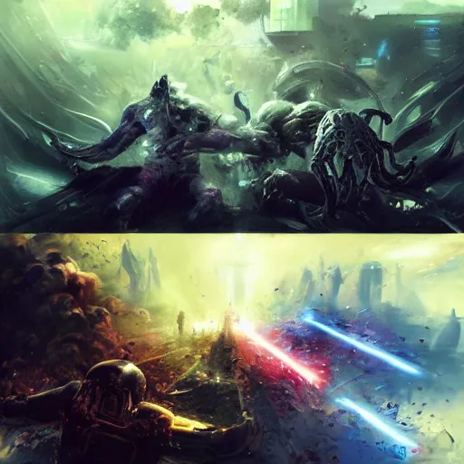 Prompt: clash of two alien civilizations by raymond swanland, highly detailed, bright tones