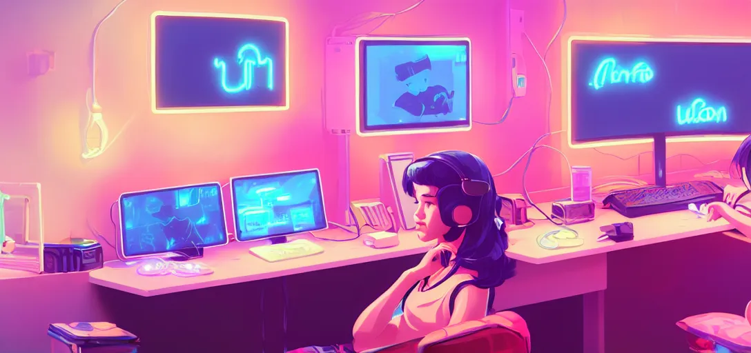 Image similar to a woman sitting in front of screens, gamer, computer nerd, cute room, neon lights, gamer aesthetic, lofi vibes, strong crisp lineart and flat color, by ilya kuvshinov, krenz cushart, Greg Rutkowski, trending on artstation