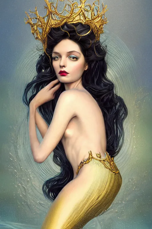 Image similar to a beautiful dark androgynous mermaid, pinup pose, long hair, tall and thin, wearing dozens of pendants and a gown of gold, small delicate crown of the sea on her head, illustration, symmetry accurate features, volumetric light clouds, ultra realist soft painting, (art nouveau), octane render, 8k, HD, by Tom Bagshaw, Brom, Charlie Bowater, faces by otto schmidt
