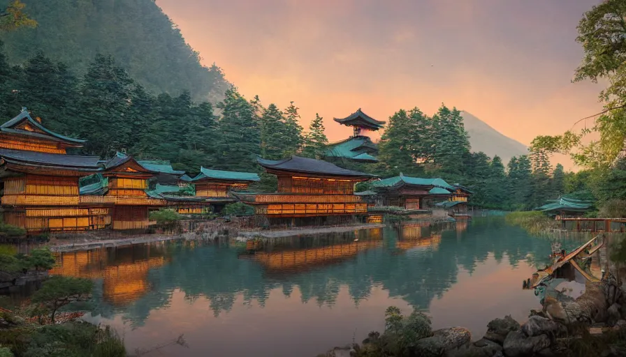 Prompt: japanese village built around a lake with forest at the foot of green gigntic mountains at sunset, fireplace, hyperdetailed, artstation, cgsociety, 8 k