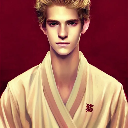 Prompt: colorful Captivating teenage boy with brown blond hair and facial structure like andrew garfield, brown eyes with red eye markers, slim body, wearing a detailed Japanese kimono with golden details, atmospheric lighting, painted, intricate, 4k, highly detailed by Charlie Bowater