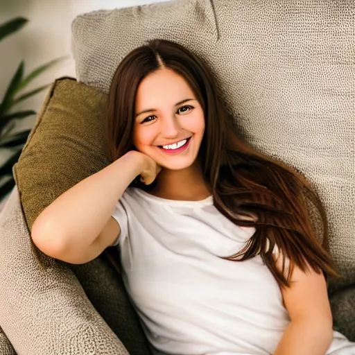 Image similar to a cute young woman smiling, long shiny bronze brown hair, full round face, green eyes, medium skin tone, light cute freckles, smiling softly, wearing casual clothing, relaxing on a modern couch, interior lighting, cozy living room background, medium shot, mid-shot, soft focus