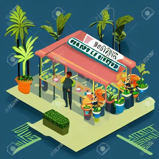 Image similar to isometric cute cartoon illustration style cafe australian, decorated with small pot plants 🪴 cannabis leaves, utopia frontage, pop art poster, beautiful colors pastel palette by will barnet pixar render