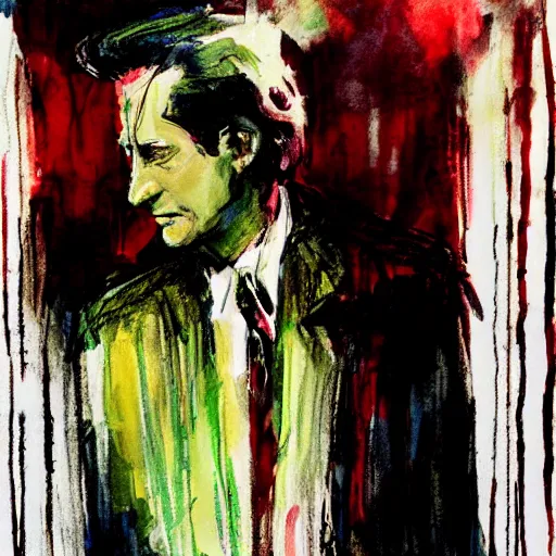 Prompt: painting by bill sienkiewicz of agent dale cooper standing in the black lodge in twin peaks