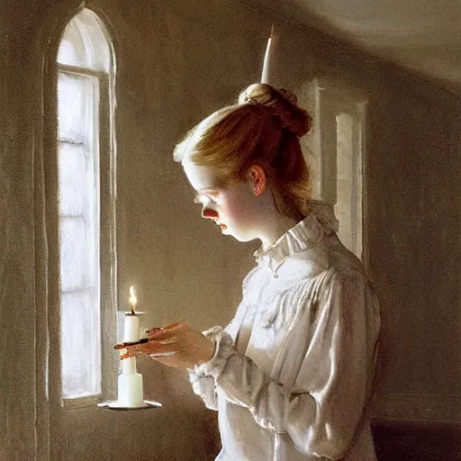 Image similar to Painting of Elle Fanning holding a candle in a dark hallway, long blonde hair, delicate, pale milky white porcelain skin, by Norman Rockwell. Extremely detailed.