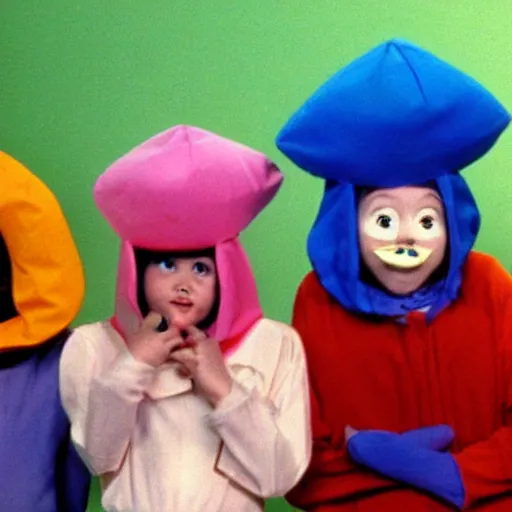 Image similar to Still from a children's television show about people dressed as nostrils, 1980