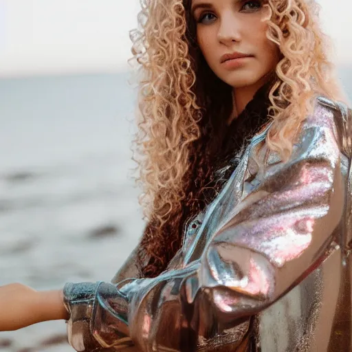Image similar to selfie of a young woman, wearing a translucent and iridescent jacket over a tank top, curly long hair, caucasian, sigma 85mm f/1.4, 4k, depth of field, high resolution, 4k, 8k, hd, full color