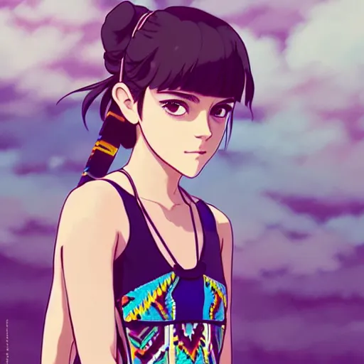 Prompt: a beautiful boyish emma watson alluring instagram model, wearing japanese hiphop aztec leotard outfit with mayan pattern and native style, aztec street fashion bathing suit, botw style, gapmoe yandere grimdark, trending on pixiv fanbox, painted by greg rutkowski makoto shinkai takashi takeuchi studio ghibli, akihiko yoshida