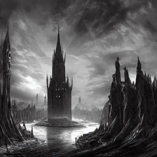 Image similar to an ultra detailed black and white 3 d render of a lonely and impossibly tall ominous gothic dark citadel tower of the evil patriarch, in the style of magic the gathering, in a river elevated high above the city, flintlock fantasy capital city, ultrawide lense, aerial photography, unreal engine, exquisite detail, 8 k, art by greg rutkowski and alphonse mucha