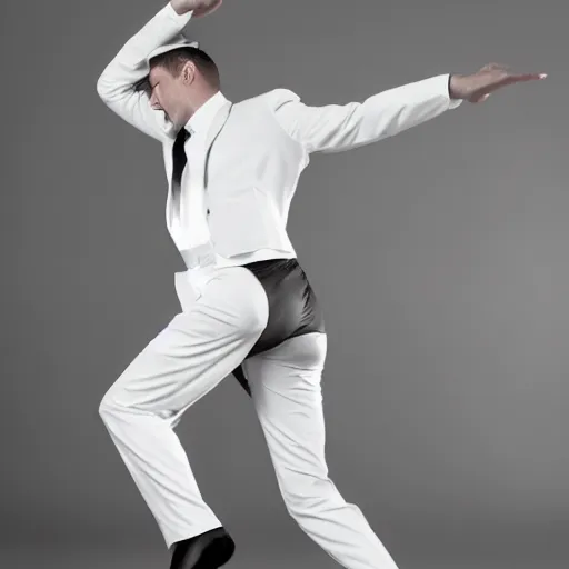Prompt: a man in zirconium pants dancing to time, black and white