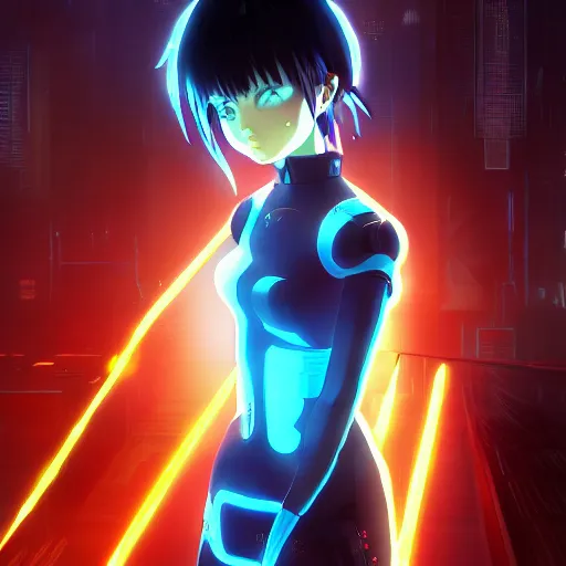 Image similar to anime cyberpunk movie still animatrix, small female android cyborg - angel, glowing red left eye and glowing blue right eye, cinematic lighting, advanced digital cyberpunk art, wlop, rossdraws sakimimichan, ilya kuvshinov, krenz cushart, greg rutkowski - c 1 5