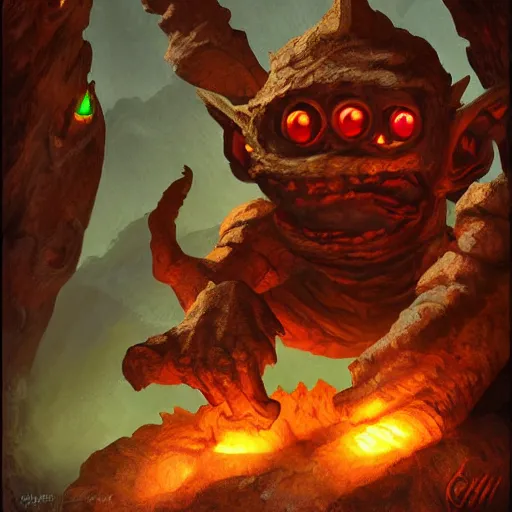 Image similar to a goblin made out of rocks, with glowing red eyes, in a cave, like magic the gathering, by christopher rush, hd, digital art