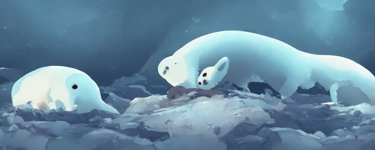 Image similar to a baby harp seal skeleton decomposing on the bottom of the arctic ocean, atey ghailan, goro fujita, studio ghibli, rim light, dark lighting, clear focus, very coherent,