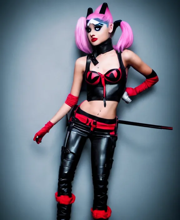 Prompt: ariana grande modeling as harley quinn, professional photograph