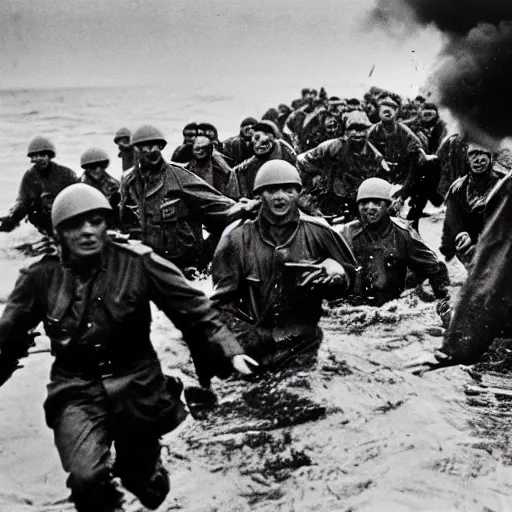 Image similar to the running soldiers in the sea in the d - day, by robert capa,