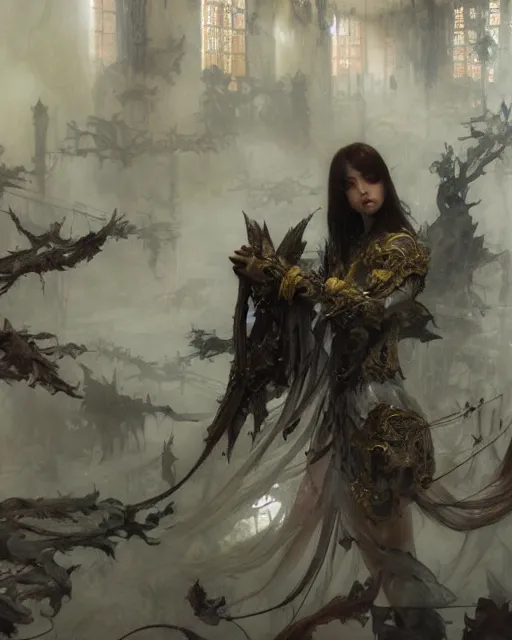 Image similar to inside the king's hall, wolves and their treasures, ethereal, ominous, misty, 8 k, by ruan jia and miho hirano and ruan jia and jeremy mann and alphonse mucha and greg rutkowski