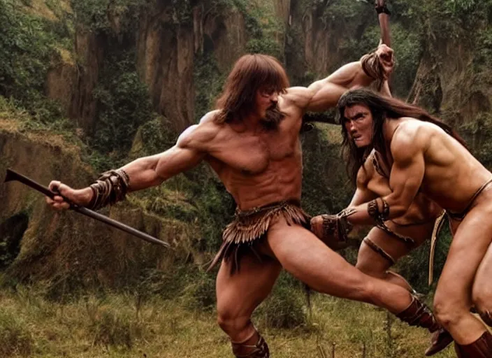 Image similar to beautiful tall muscular amazon wrestling a centaur, movie still, from the movie conan the barbarian, 8 k, realistic, action photography