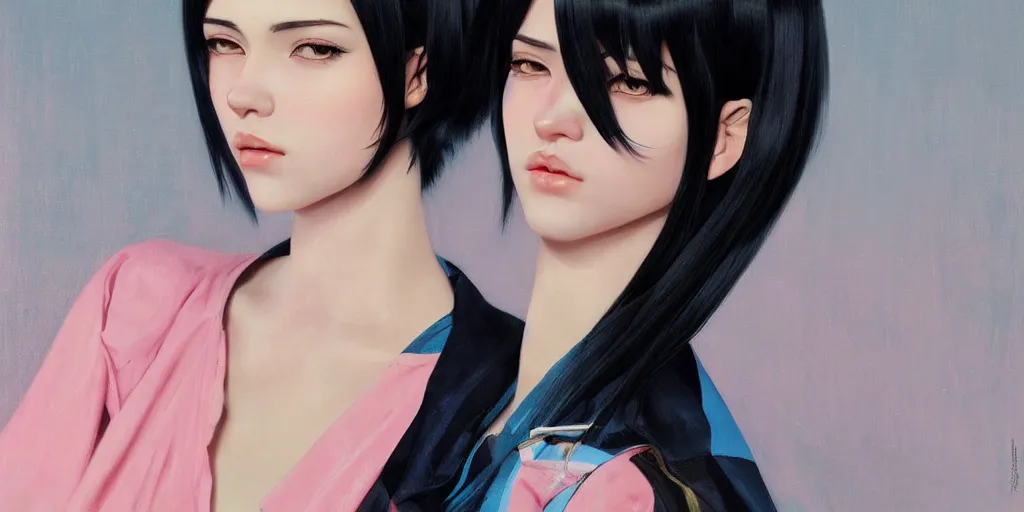 Image similar to a beautiful girl with pink and blue stripes in black hair, realistic female portrait, highly detailed, by ilya kuvshinov, makoto shinkai, photorealistic