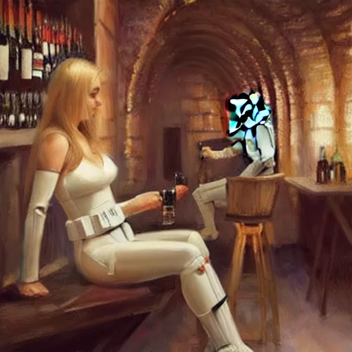 Image similar to stormtrooper and hot blonde drinking wine in a cellar, romantic, cozy, inviting, detailed, beautiful, atmospheric, impressionism, painting by vladimir volegov, inspired by ralph mcquarrie