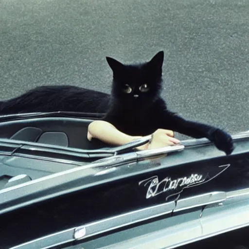 Prompt: A human scaled black cat cruising in a convertible from the 70s