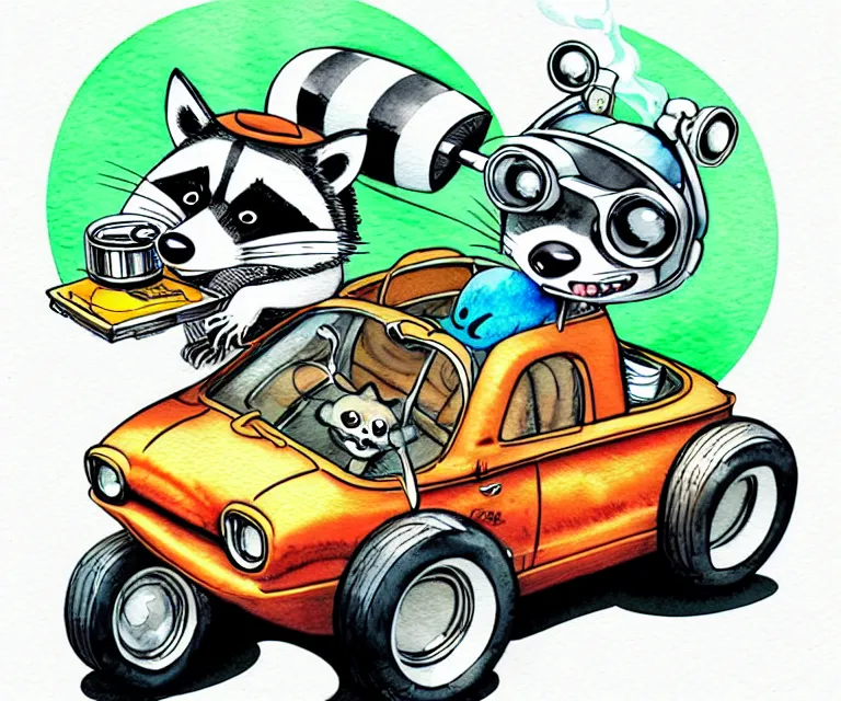 Prompt: cute and funny, racoon smoking cigar, racoon wearing a helmet, racoon riding in a tiny hot rod coupe with oversized engine, ratfink style by ed roth, centered award winning watercolor pen illustration, isometric illustration by chihiro iwasaki, edited by range murata