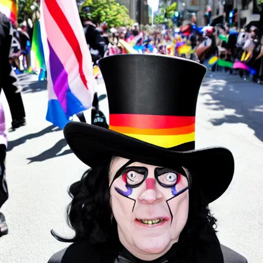 Image similar to The Babadook in black coat and top hat at a pride parade, photograph