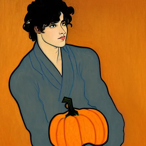 Image similar to painting of young cute handsome beautiful dark medium wavy hair man in his 2 0 s named shadow taehyung at the halloween pumpkin jack o'lantern party, depressed, melancholy, autumn, japan, elegant, clear, painting, stylized, delicate, soft facial features, delicate facial features, soft art, art by alphonse mucha, vincent van gogh, egon schiele