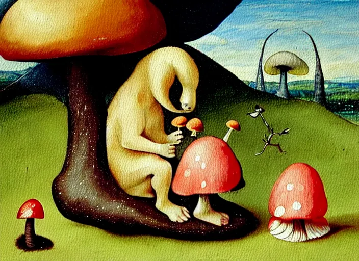 Image similar to a painting of a cute creature sitting next to a mushroom, detailed, realistic, in style of hieronymus bosch