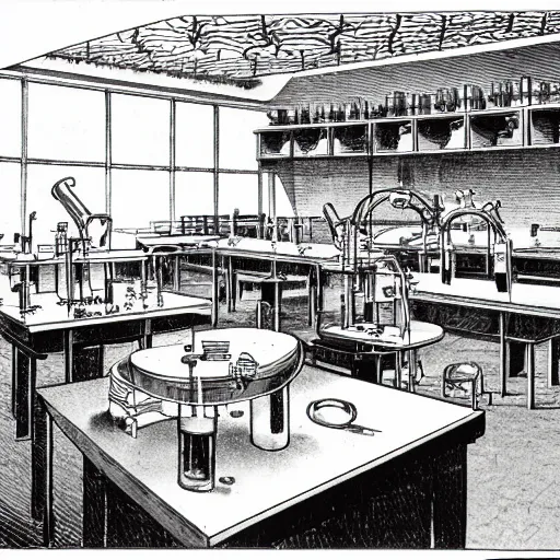 Image similar to a school science lab, by moebius