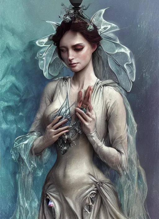 Image similar to fairy foreteller in princess iridescent dress, physically accurate, moody dynamic lighting, very very intricate, very very elegant, highly detailed, digital painting, artstation, HR GIGER, Hieronymus Bosch, Francis Bacon, concept art, smooth, very beautiful, sharp focus, illustration, art by artgerm and greg rutkowski and alphonse mucha