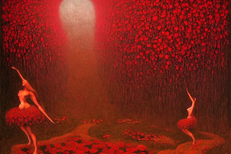 Image similar to only with red, red flowers of different types, a red tiger, a castle in the background, medieval demons dance over the flowers, an ancient path, in the style of beksinski, part by hopper, part by rodcenko, part by hofbauer, intricate composition, red by caravaggio, insanely quality, highly detailed, masterpiece, red light, artstation