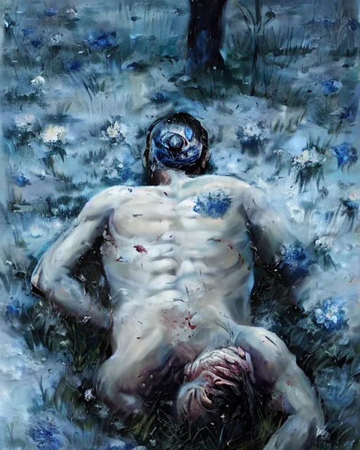 Image similar to Highly realistic oil painting of a wounded knight lying in the snow, surrounded by blue flowers, blood on flowers, by greg rutkowski, highly detailed, cinematic lighting, moody, dark