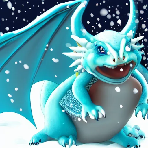 Prompt: HD, cartoon ,anthropomorphic, chubby female dragon , blue scales. playing in the snow