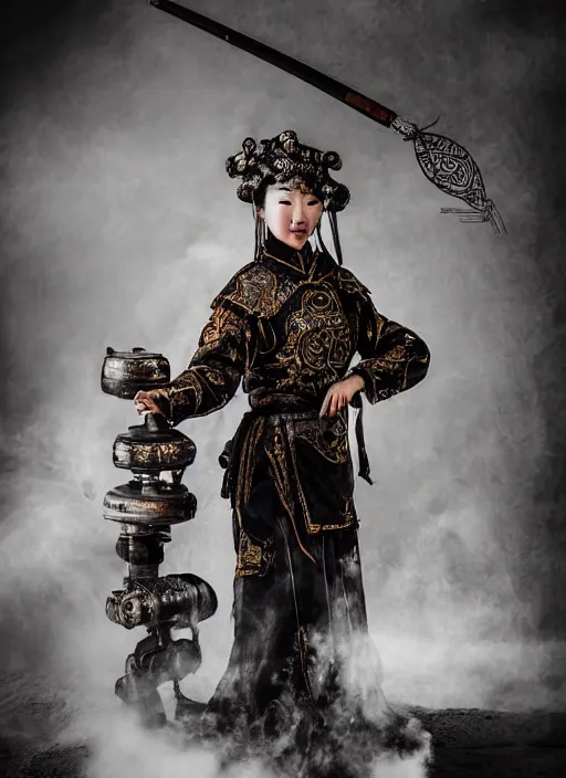 Prompt: old vintage photo of Chinese ancient warrior female on the complex steam punk hooverboard with Jet engine, extreme sports photography , dynamic photography,clean symmetrical face, high speed,dirt and grawel flying in the spot, lens flares, dust in the air, dramatic lighting, intricate, highly detailed, centered, smooth, sharp focus, sports photography, old photo, black and white, sepia, cinematic lighting, cinematic angle, national geographic