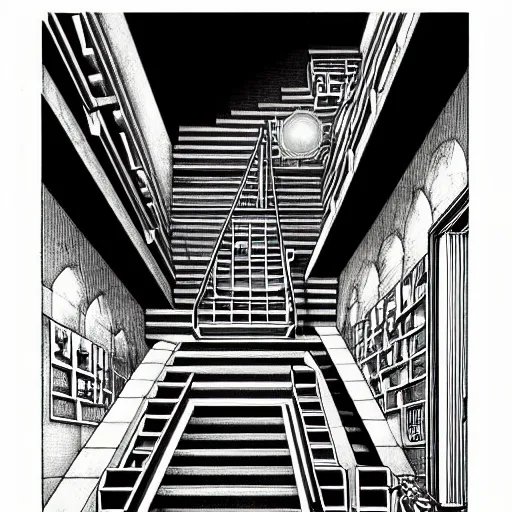 Image similar to a giant wolf in a huge bright maze of many doorways and lots of stairs, many doorways, inside MC Escher architecture, artstation, Junji Ito, epic composition