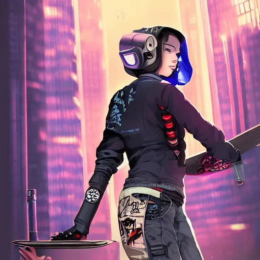 Image similar to symmetrical, full body portrait of a cyberpunk teenage girl on a futuristic skateboard holding a parcel under one arm and a magnetic harpoon in her opposite hand, grinning slyly, City lighting, depth of field, photography, saturated colors, highly detailed, by Dustin Nguyen, Akihiko Yoshida, Greg Tocchini, Greg Rutkowski, Cliff Chiang, 4k resolution
