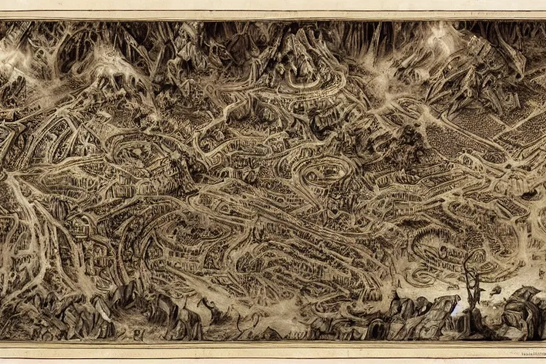 Image similar to intricate detailed ancient map of the regions of hell and the dimensions of the damned, inferno flames demons daemons purgatory limbo, technical cartography with annotations and notes in the margins, by andreas rocha and peter mohrbacher