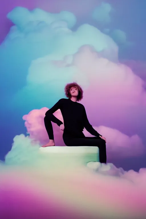 Image similar to high quality pastel coloured film photograph of a model wearing black clothing resting on cloud furniture clouds in a haze filled dreamstate world. three point light, rainbow. photographic production. art directed. pastel colours. volumetric clouds. pastel gradient overlay. waves glitch artefacts. 8 k. filmic.