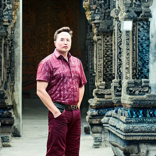 Image similar to A Photo Portrait of elon musk Wearing Indonesian Batik at a Balinese temple, award winning photography, sigma 85mm Lens F/1.4, blurred background, perfect faces