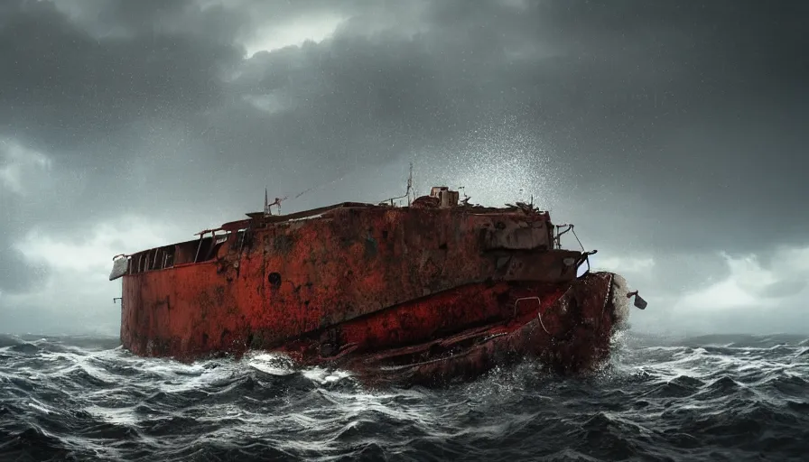 Image similar to abandoned rusted cargo boat in the sea, thunderstorm, rain, lightning, waves, hyperdetailed, artstation, cgsociety, 8 k