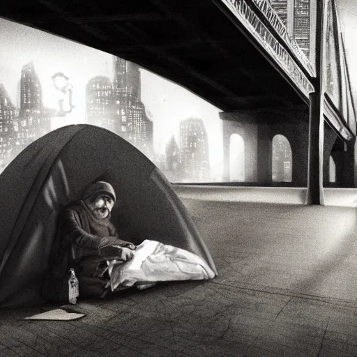 Prompt: homeless mans sit in a tent under the bridge, new york, night, concept art, very detalisation, black and white