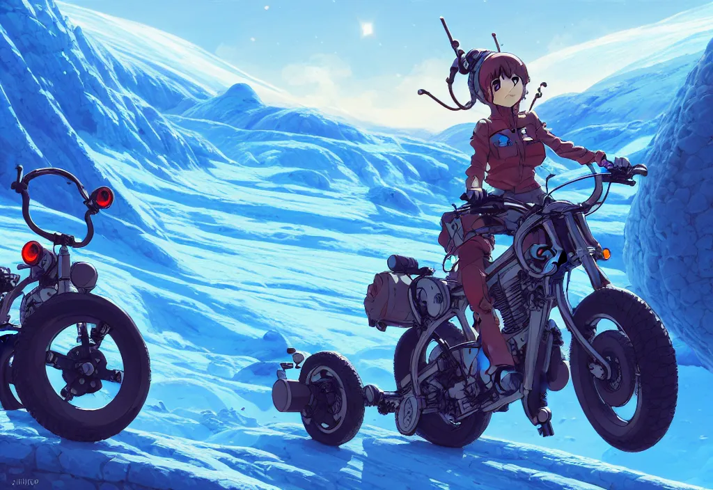 Image similar to a small chubby futuristic bike on a glacier on an alien planet, intricate oil painting, high detail illustration, sharp high detail, manga and anime 1 9 9 9, official fanart behance hd artstation by jesper ejsing and makoto shinkai, 4 k,