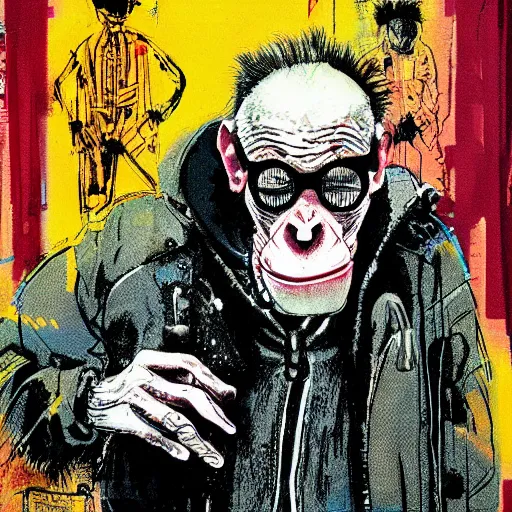 Image similar to Graphic Illustration, Creative Design, Monkey, Techwear, Cyberpunk, Full Body Portrait, Character Design, by Ralph Steadman, Francis Bacon, Hunter S Thompson