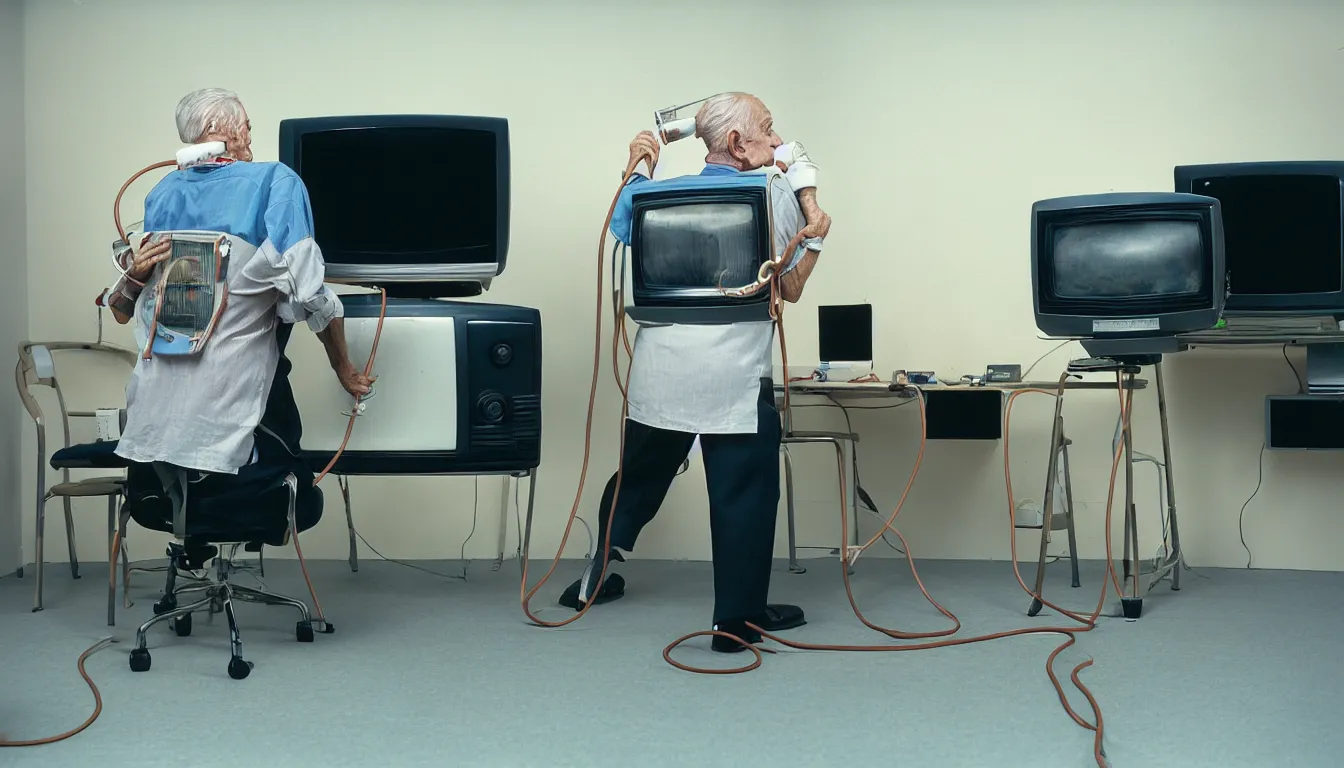 Image similar to In an call centre office, A skinny old Man with a old television strapped to his back ,flexible industrial pipes join his ears and mouth to the television, fibres trial on the floor , full colour ,4k ,Kodak portra 400