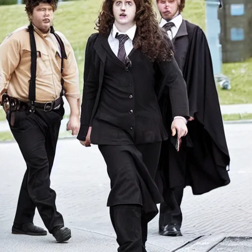 Prompt: Hermionie Granger as minister of magic being escorted from office by a mysterious wizard