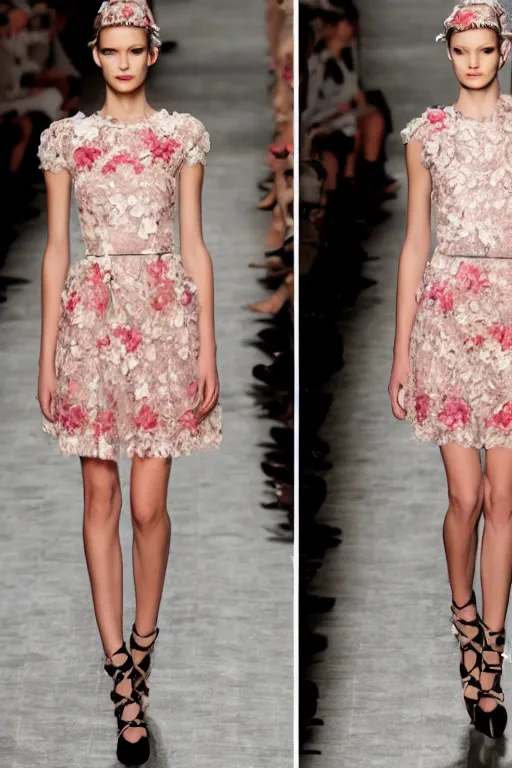 Prompt: valentino 2 0 1 3 spring floral, lace, block patterned, cybernetic avant garde fashion, sheer dress, short skirt, natural outdoors